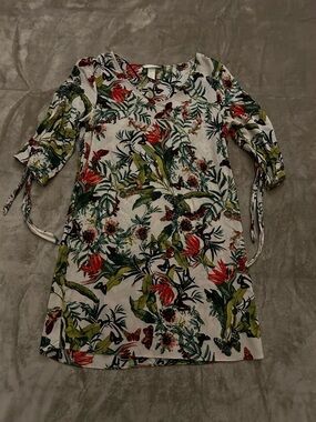 H&M White Shift Dress with Green & Red Botanical Butterfly Print 6
